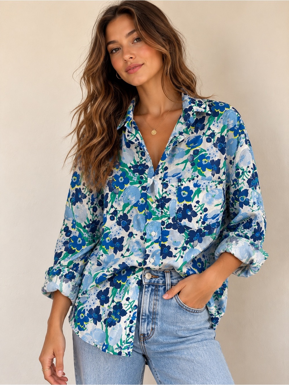 Frank & Eileen Shirley Floral Button Up Shirt S Blue Green 100% Cotton Italy